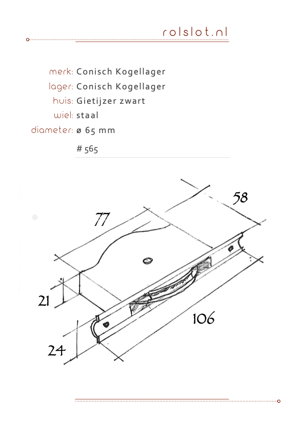 Gietijzer rolslot 65 mm Conisch Kogellager - Afbeelding 2